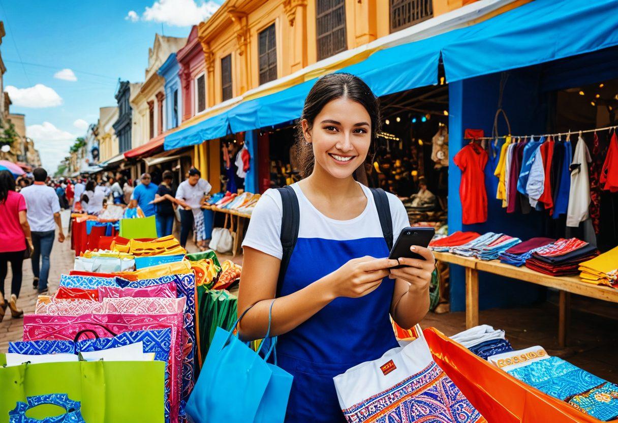 A vibrant marketplace scene showcasing diverse products from Paraguay, with colorful stalls displaying traditional crafts, electronics, and fashion. In the foreground, an enthusiastic shopper holds a discount flyer while browsing the items. Incorporate elements of modern e-commerce, like a smartphone displaying a shopping app with deals. The backdrop should feature iconic Paraguayan architecture and a bright blue sky. super-realistic. vibrant colors.