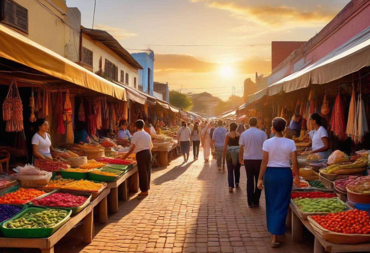 A vibrant marketplace scene in Paraguay, showcasing diverse local shops filled with colorful handicrafts, textiles, and fresh produce. Add digital elements like online shopping icons and discounts floating above the stalls, symbolizing the fusion of traditional and online shopping. Include a sun setting in the background, casting warm golden hues over the scene. super-realistic. vibrant colors. lively atmosphere.